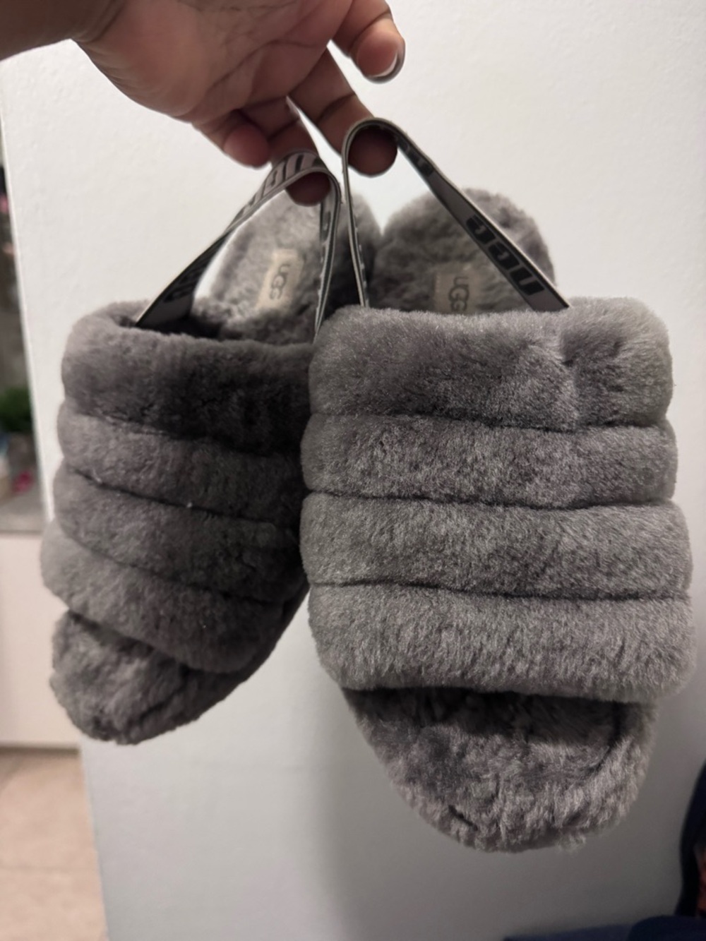 UGG Women's Grey Plush Layered Slide Slippers